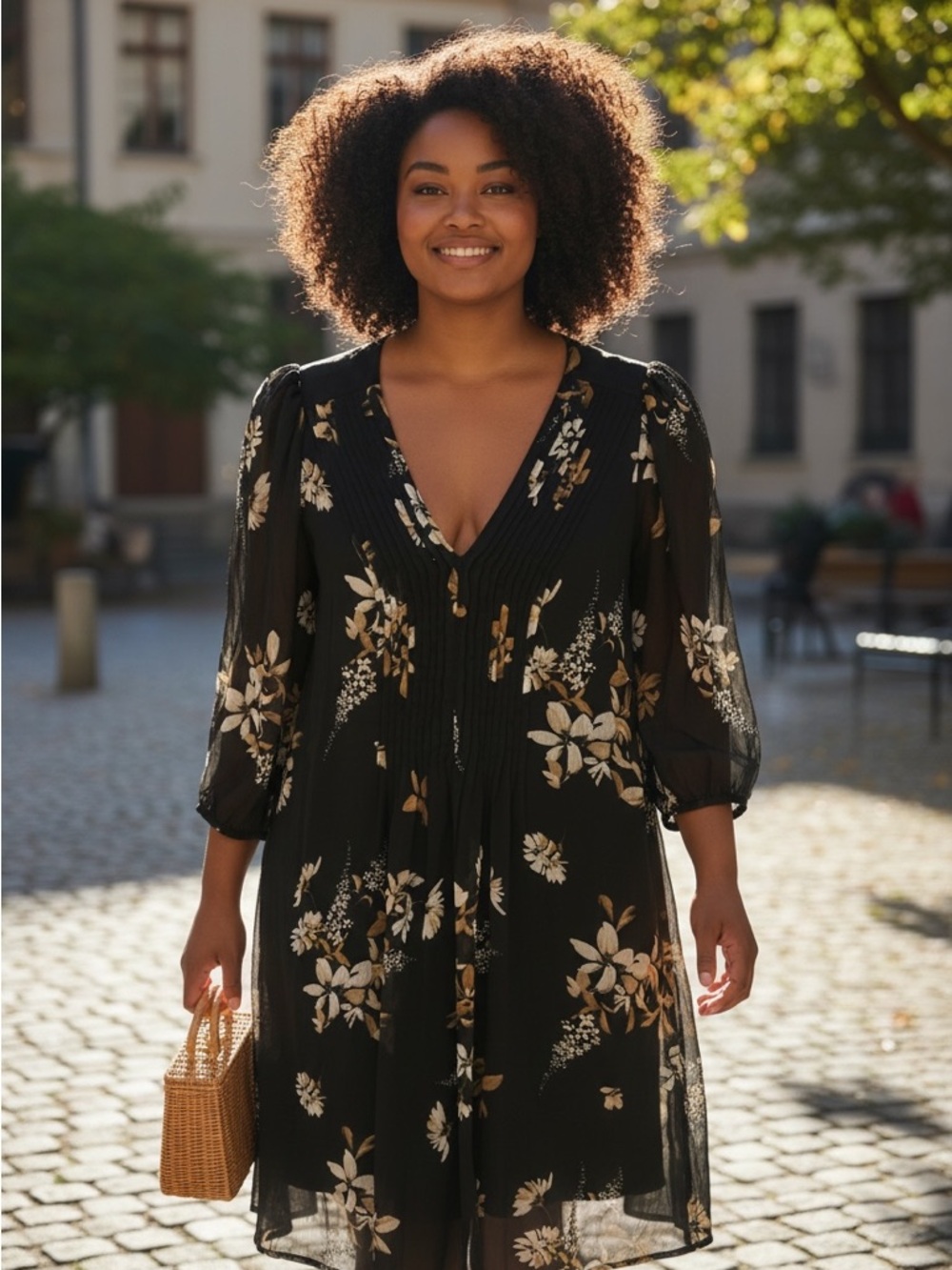 Calvin Klein Black Floral V-Neck Long Sleeve Dress